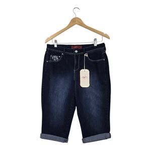 One 5 One Denim Below Knee Capris 12 Blue Dark Wash Embellished Pockets Cowgirl